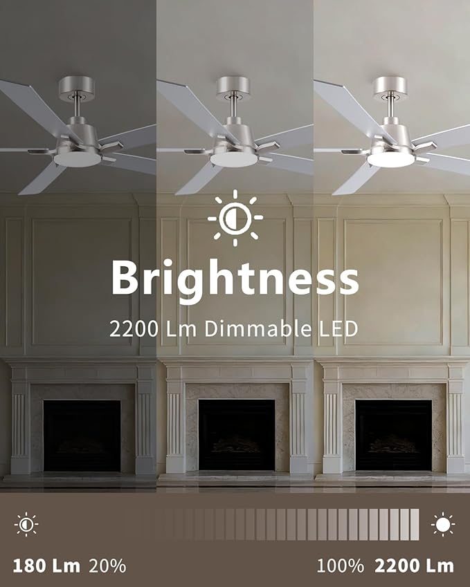 60 Inch Ceiling Fans with Lights and Remote, Brushed Nickel Ceiling Fan, 5 Blades, Modern Design For Indoor Bedroom Living Room/Outdoor, 6 Speed Reversible DC Motor, 3CCT Dimmable LED Includes Downrod