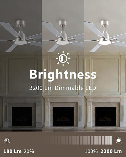 60 Inch Ceiling Fans with Lights and Remote, Brushed Nickel Ceiling Fan, 5 Blades, Modern Design For Indoor Bedroom Living Room/Outdoor, 6 Speed Reversible DC Motor, 3CCT Dimmable LED Includes Downrod