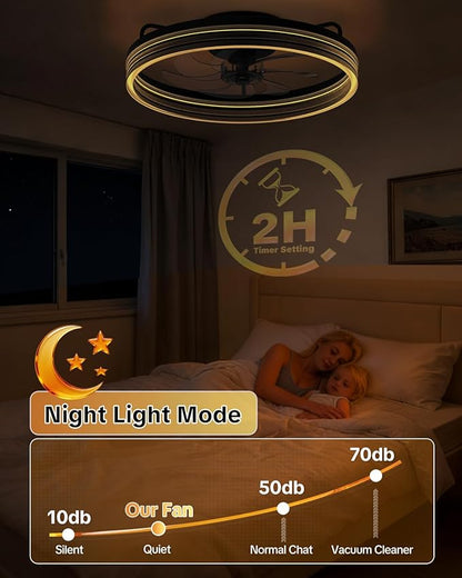 AIKVSXER Ceiling Fan with Light,20" Flush Mount Ceiling Fan,6 Speeds,3000-6500K Dimmable LED, App & Remote Control, Quiet DC Motor, for Bedroom, Living Room Modern Ceiling Fans with Lights(Black)