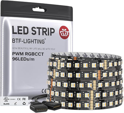 BTF-LIGHTING RGBCCT 5 Colors in 1 LED 5050SMD RGBWW RGB+Dimmable Tunable Color Temperature 2700K-6500K UL Listed 16.4ft 96LED/m 480LED DC24V Multi-Colored IP30 for Decoration(No Adapter or Controller)