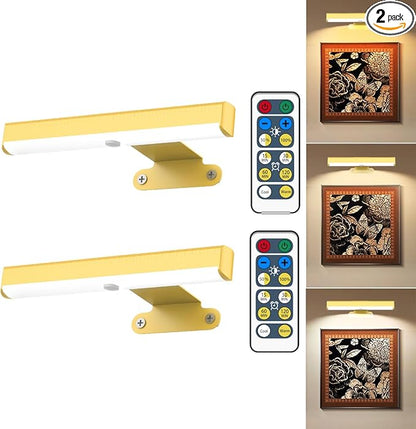 2Pack Wireless Picture Light with Remote,Battery Operated Wall Sconces for Wall Decor,3 Color Timer&Dimmable Paintings Light LED Art Display Lamp Picture Frame Light for Artwork Posters Gallery-Gold