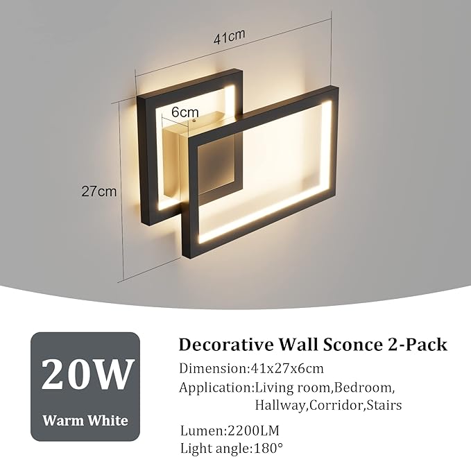 Ralbay 2-Pack Modern Indoor Wall Sconce 20W Aluminum Up and Down LED Modern Black Wall Sconce for Indoor Living Room Bedroom Hallway (Warm White Light, 3000K)
