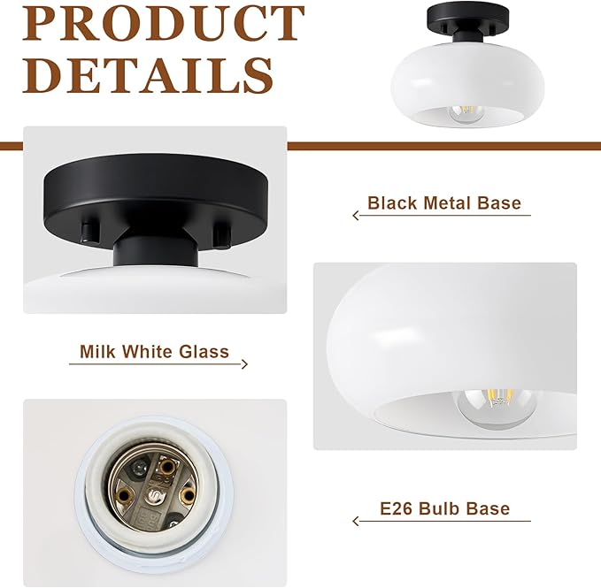 WOKNOS Mid-Century Modern Semi Flush Mount Ceiling Light, Metal Kitchen Light Fixture with Glass Shade, Mini White and Black Colse to Ceiling Lamp for Entryway Hallway Bathroom (8.66 Inch)