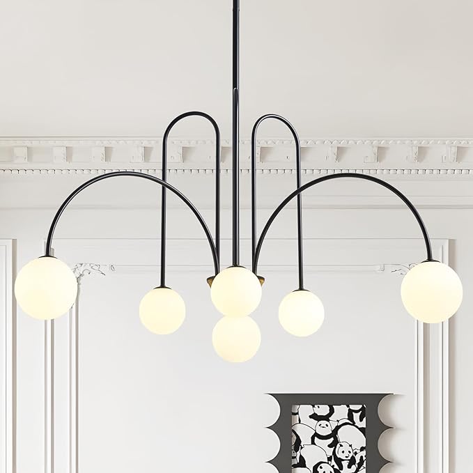 Modern Black Sputnik Chandelier 6-Light Mid Century Chandelier for Dining Room with Milky Glass Globe Ceiling Pendent Light Fixture for Living Room Kitchen Island Foyer Bedroom