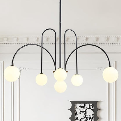 Modern Black Sputnik Chandelier 6-Light Mid Century Chandelier for Dining Room with Milky Glass Globe Ceiling Pendent Light Fixture for Living Room Kitchen Island Foyer Bedroom