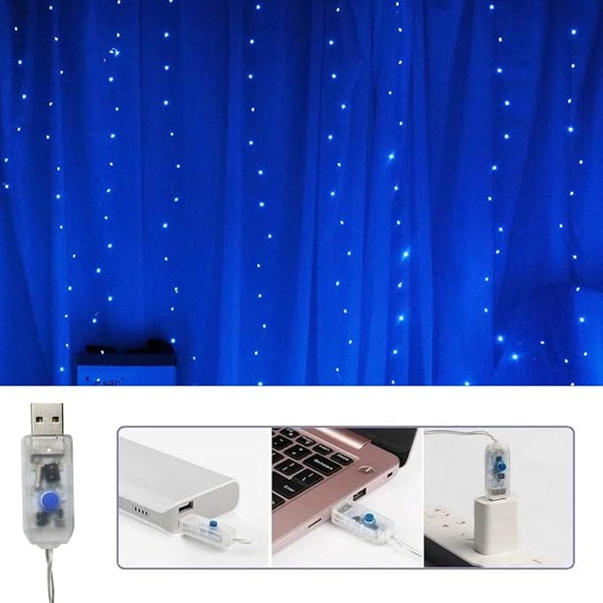 Curtain String Lights Indoor, 300 LED Twinkle Lights with Remote Timer USB Power 8 Modes Blue Fairy Lights for Bedroom Wall, Tapestry, Window, Bed Canopy, Christmas Decor-9.8ft x 9.8ft(Blue)