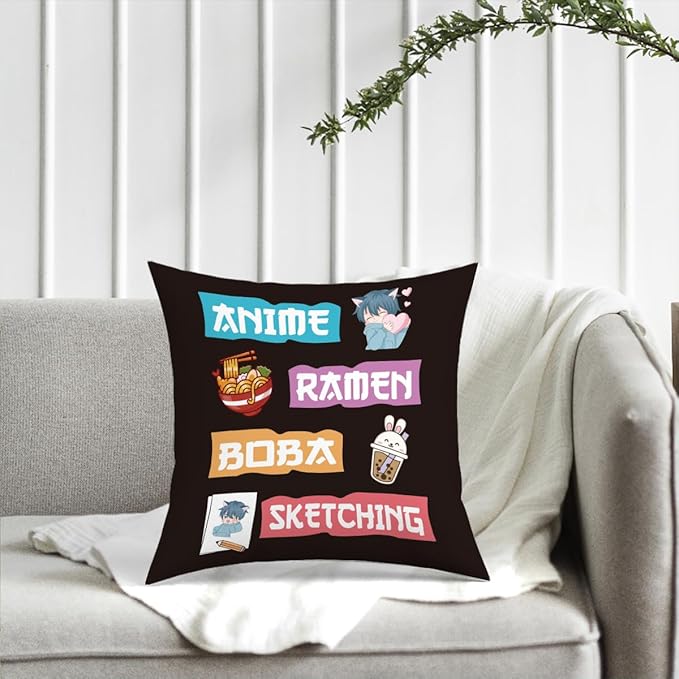 Anime Decor, Just a Girl Who Loves Ramen Boba Sketching Room Decorative Throw Pillow Covers, Anime Lovers for Home Living Room Girl Women Bedroom Decoration Gifts