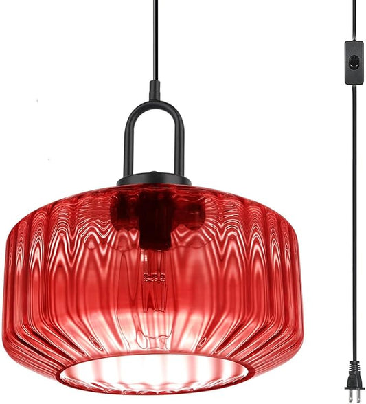 Hanging Plug in Light Mid Century Pendant Light with 11" Red Striped Glass Globe Shade Plug in Pendant Lights for Ceiling Bedroom Vintage Hanging Lamp with 14.7 ft Cord On/Off Switch
