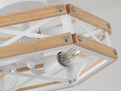 3-Light Modern Farmhouse Wood Flush Mount Ceiling Light Fixture 14.5 inch Vintage Natural Wood and Metal Cage Semi Flush Mount Ceiling Light for Hallway Entry Bedroom Farmhouse, White