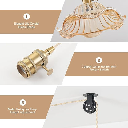 Plug in Pendant Light Vintage 2 Pack, Adjustable Pulley Hanging Lamp with Amber Lily Glass Shade, Brass Hanging Lights with Plug in Cord, Gold Hanging Pendant Light for Bedroom Living Room Kitchen