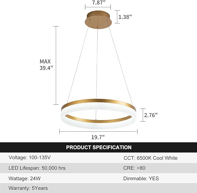 Buccleuch Modern LED Chandelier - Dimmable 19.7" Gold Round Pendant Light, Height Adjustable UL-Certified Ceiling Light for Dining Room, Kitchen Island, Living Room, Bedroom, Foyer, 6500K