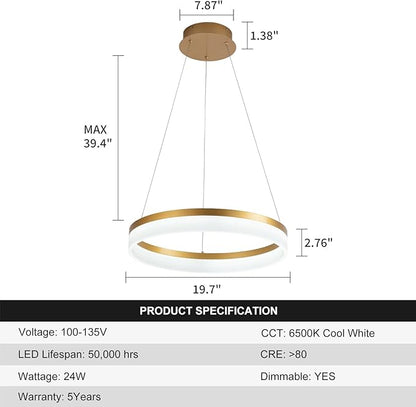 Buccleuch Modern LED Chandelier - Dimmable 19.7" Gold Round Pendant Light, Height Adjustable UL-Certified Ceiling Light for Dining Room, Kitchen Island, Living Room, Bedroom, Foyer, 6500K