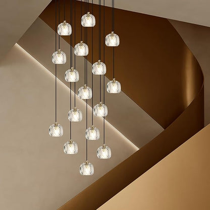 Round Crystal Chandelier, Large Farmhouse Hanging Lamps High Ceiling, Modern Brass Raindrop Pendant Light Fixtures for Dining Room Staircase Living Room