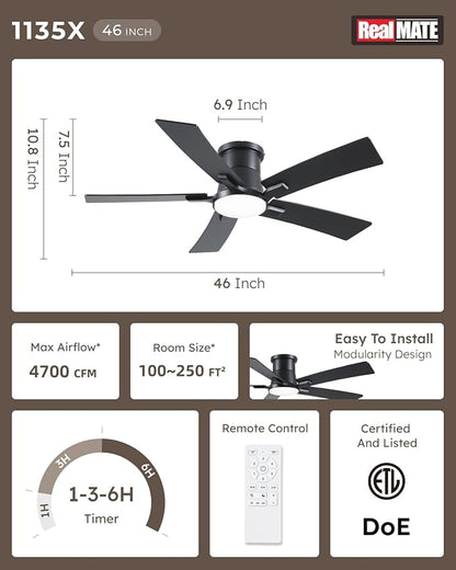 46 Inch Ceiling Fans with Lights and Remote, Black Low Profile Ceiling Fan, Flush Mount Style with 5 Blades, For Indoor Bedroom Living Room/Outdoor, 6 Speed Reversible DC Motor, 3CCT Dimmable LED