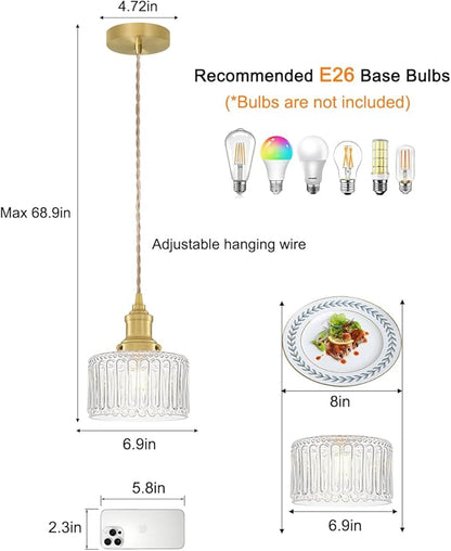 Vintage Pendant Lights for Kitchen with Clear Striped Glass Shade, 6.9 In Brushed Gold Pendant Lights Kitchen Island, Small Kitchen Island Lighting Adjustable Hanging Light for Entrance Hallway