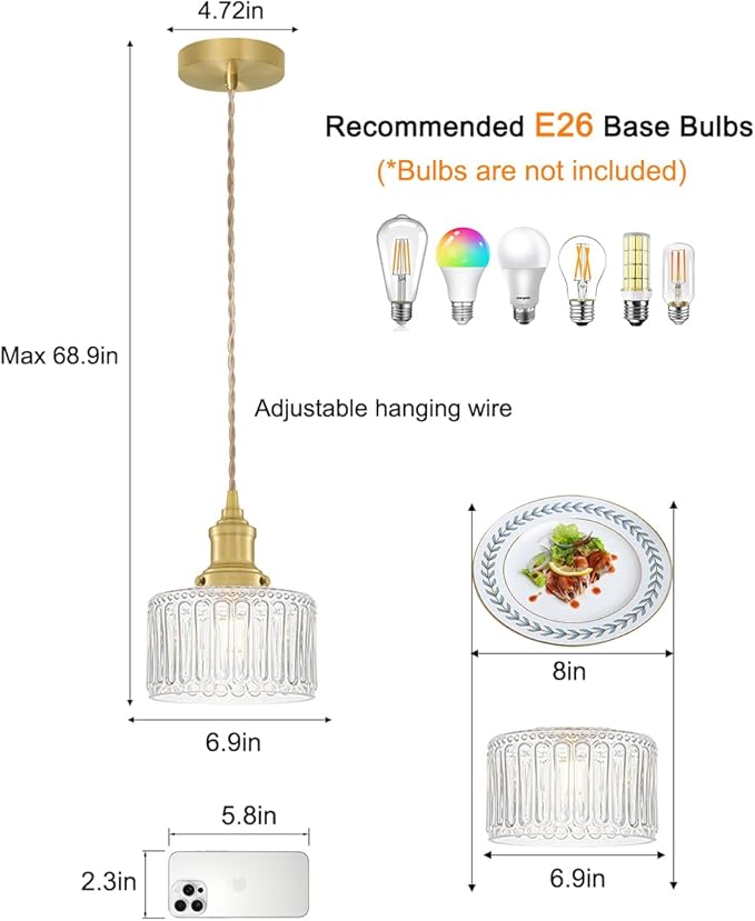 Vintage Pendant Light Set of 2, Brushed Gold Pendant Lights Kitchen Island with Clear Glass, Brass Kitchen Island Light Adjustable Hanging Light for Entrance Living Room Bathroom Dining Room Hallway
