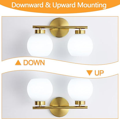 2 Light Bathroom Vanity Light, Gold Bathroom Light Fixtures Over Mirror, Mid Century Modern Wall Sconce with Frosted Globe Glass Shades, Brass Vanity Light, E26 Socket