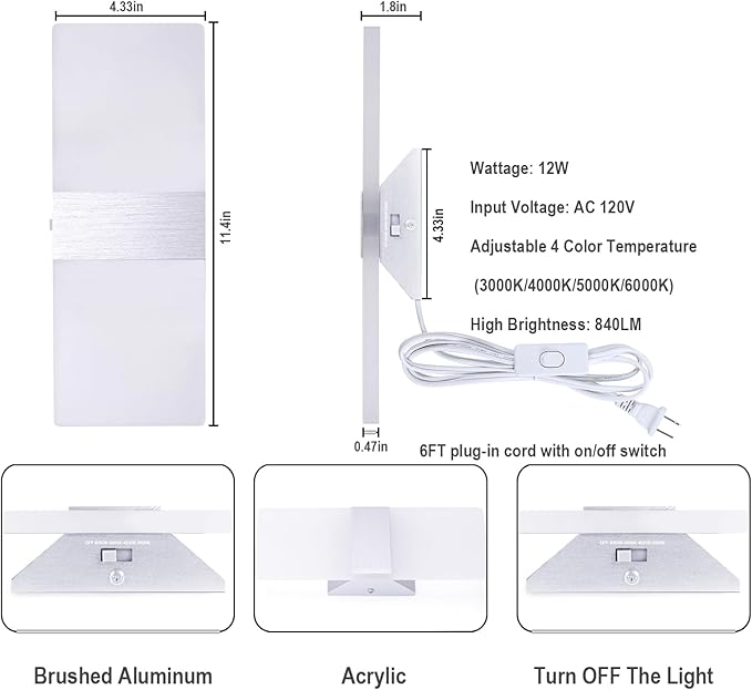 TRLIFE Wall Sconces Plug in, Adjustable 4 Color Temperature Modern LED Wall Sconce, 12W Acrylic Wall Mounted Light Set of 2 Wall Lights with 6FT Plug in Cord for Bedroom Bedside(2 Pack, Silver)