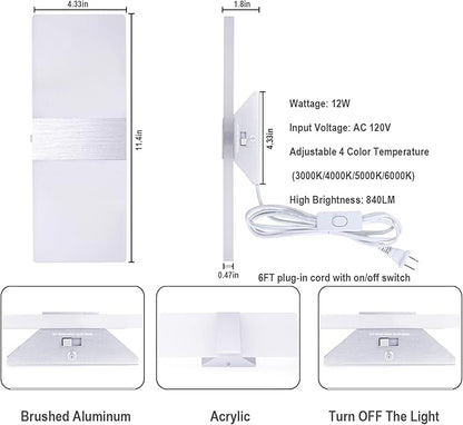 TRLIFE Modern Wall Sconce, Adjustable 4 Color Temperature LED Wall Sconce Plug in, 12W LED Acrylic Wall Mounted Light Wall Lights with 6FT Plug in Cord for Bedroom Bedside Stairway(1 Pack, Silver)