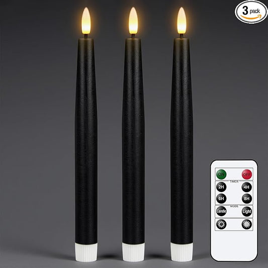 GenSwin Black Flameless Taper Candles with Remote, Halloween Flameless Candles Flickering Battery Operated, Real Wax LED Halloween Candlesticks with 3D Wick for Home Decor(Set of 3, 0.78” x 9.65”)