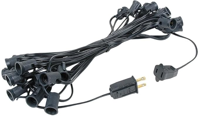 Novelty Lights 25 Foot C7 Outdoor String Light Christmas Stringer - Patio String Lights - Candelabra Base (C7/E12) - 12" Spacing - Black Wire