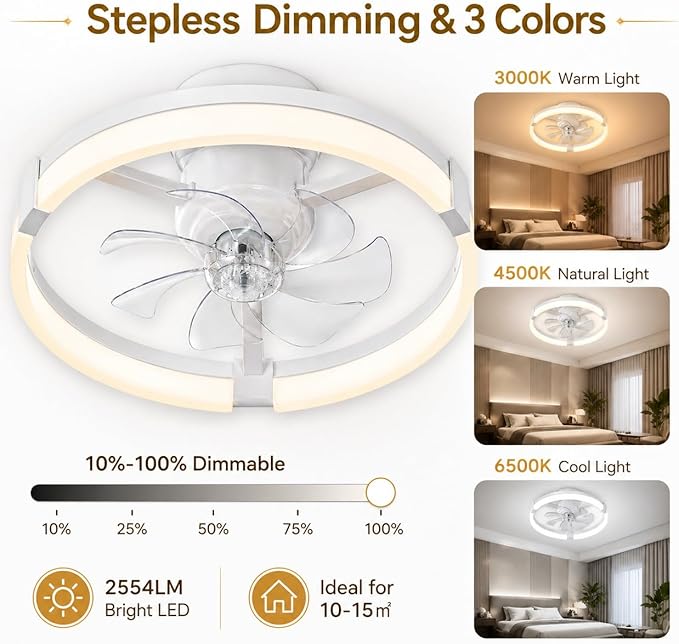 23" Low Profile Ceiling Fan with Lights and Remote, Modern White Flush Mount Bladeless Ceiling Fan, App Control Smart Fandelier, 6 Speeds Reversible Motor, Dimmable LED Fan Light for Bedroom, Kitchen