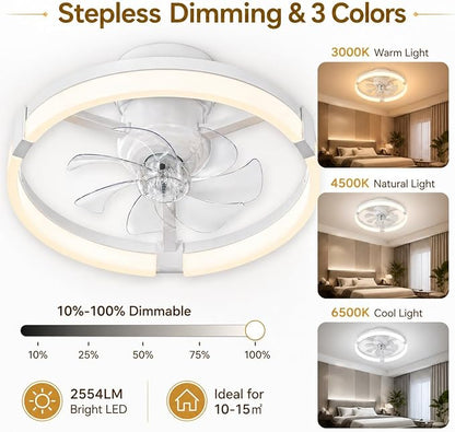 23" Low Profile Ceiling Fan with Lights and Remote, Modern White Flush Mount Bladeless Ceiling Fan, App Control Smart Fandelier, 6 Speeds Reversible Motor, Dimmable LED Fan Light for Bedroom, Kitchen