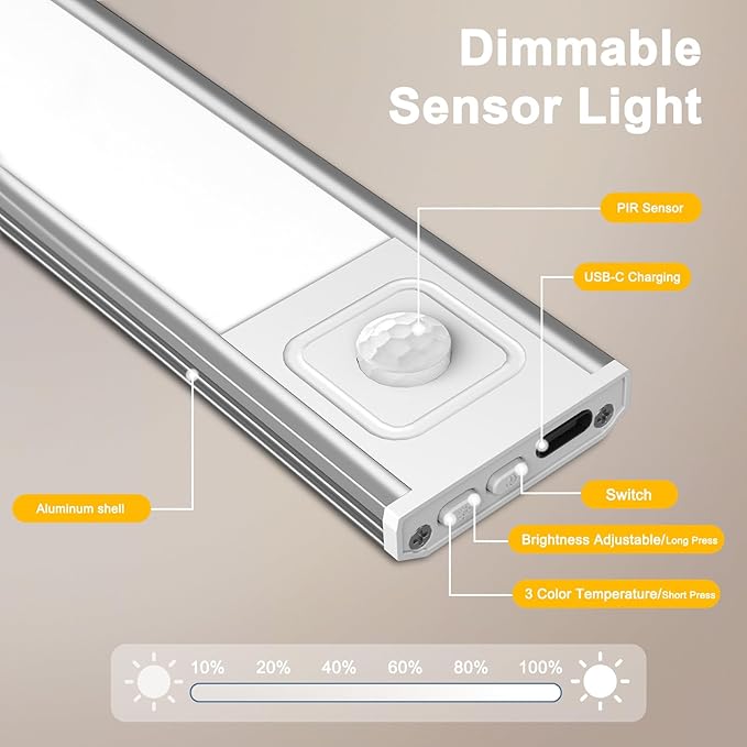 Onforu 13.8" Under Cabinet Lighting, 2700mAh USB-C Rechargeable, Motion Sensor Under Cabinet Lights with 3 Color & Dimmable, Magnetic Under Counter Lights for Kitchen, Closet, 6 Pack