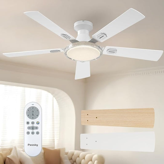 Passky Ceiling Fans with Lights, 52 inch White Flush Mount Ceiling fan with Remote Control, Low Profile Ceiling Fan for Bedroom, Farmhouse, Reversible, 3CCT, Dimmable, Noiseless DC Motor