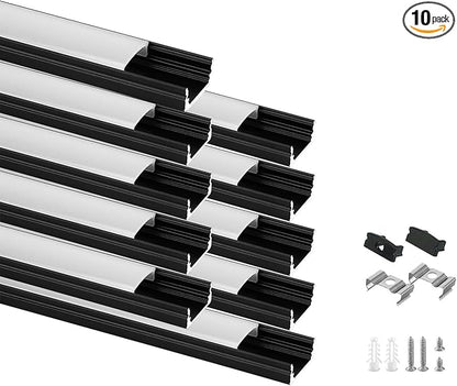 Besseto 10Pack 3.3Ft/1M Black LED Aluminum Channel,LED Strip Light Diffuser Aluminum Channel Profile Housing Extrusion for Under Cabinet Counter and Stairs (Black-10Pack 3.3ft)