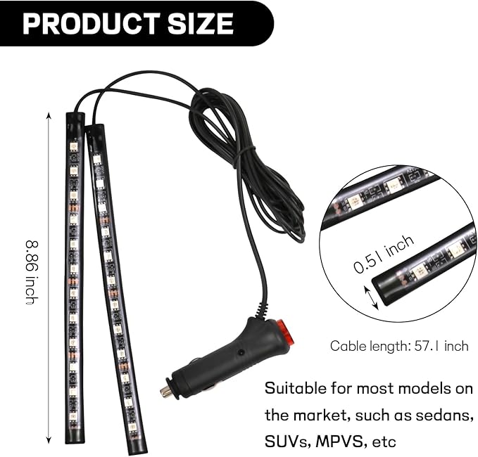 Car LED Strip Light, 12V 24 LED Interior Atmosphere Lights Under Dash Ambient Night Light, Auto Interior Decorative Lamp with Cigarette Adapter Plug (Ice Blue,Cigarette Lighter)