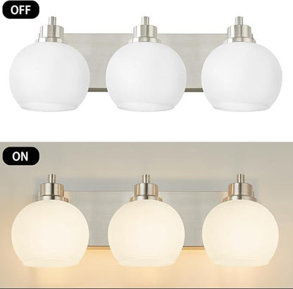 Tuscarora Bathroom Light Fixtures, Brushed Nickel Vanity Light 3 Light with Milk Glass Shade, Over Mirror Lighting for Bathroom