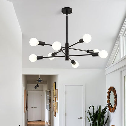 HHR Black Sputnik Light Fixture, 8-Light Modern Dining Room Chandelier, Height Adjustable Chandeliers for Kitchen Island Over Table, Mid Century Ceiling Lighting Fixture
