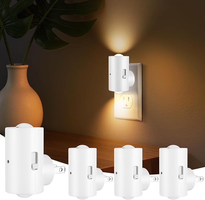4 Pack Mini Dimmable LED Night Light, Plug-in Wall Light with Dusk to Dawn Auto On/Off, 180° Rotating Head, 3000K Soft White, 0-200 LM for Nursery, Hallway, Bathroom,Bedroom