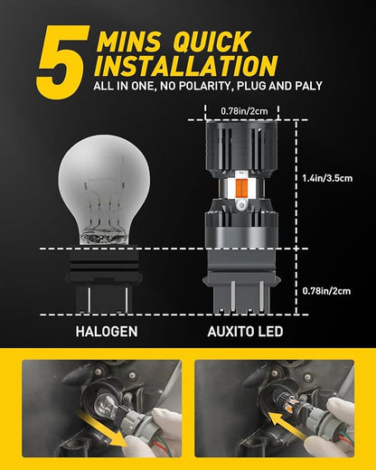 AUXITO CANBUS 3157 LED Bulbs Amber Yellow with Built-in Resistor 3156 3457A 4057 4157 Anti Hyper Flash Error Free Front Rear Turn Signal Lights and Blinker Maker DRL Parking Lights, Pack of 2