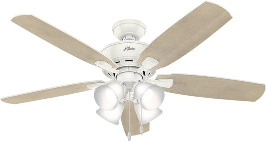 Hunter 52 inch Indoor Ceiling Fan with LED Lights - White Ceiling Fan with Pull Chain, For Bedroom or Living Room, Standard Mount, No Remote, 5 Blades, Includes Bulbs - Amberlin 53217, Fresh White