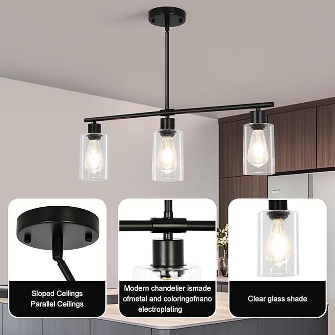 3-Light Kitchen Island Lighting, Farmhouse Dining Room Light Fixtures Over Table, Modern Brushed Nickel Island Lights Over Island, Linear Chandelier Hanging Ceiling Pendant Light Fixtures for Kitchen