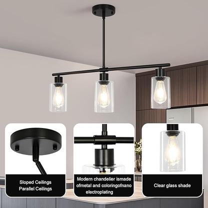 3-Light Kitchen Island Lighting, Farmhouse Dining Room Light Fixtures Over Table, Modern Brushed Nickel Island Lights Over Island, Linear Chandelier Hanging Ceiling Pendant Light Fixtures for Kitchen
