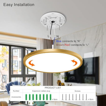 12 Inch Gold LED Ceiling Light Flush Mount, 5000K Daylight White Flat LED Ceiling Light, 24W 3200LM, Round Flat Gold Light Fixture for Bedroom, Kitchen, Hallway (2 Pack)