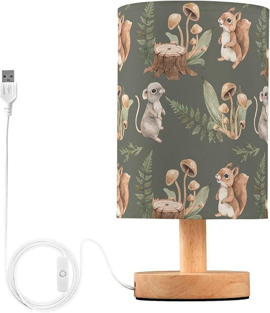 Table Lamp with Squirrel Mouse Stump Fern Mushroom Forest Animal Pattern - Wood Base Fabric Shade Nightstand for Living Room Bedroom Kids Room Office