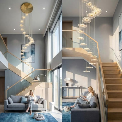 ziidoo High Ceiling Chandelier - 24-Light Dimmable Modern Gold Long Spiral Luxury Linear Lotus Leaf Led Lamp Hanging Pendant Lights for Foyer Enterway Staircase Villas