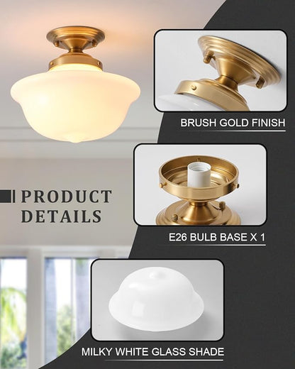 Schoolhouse Light Fixture, 12 Inch Black Finish with Milk Glass Semi Flush Mount Ceiling Light, Ceiling Light Fixture for Kitchen Hallway Entryway