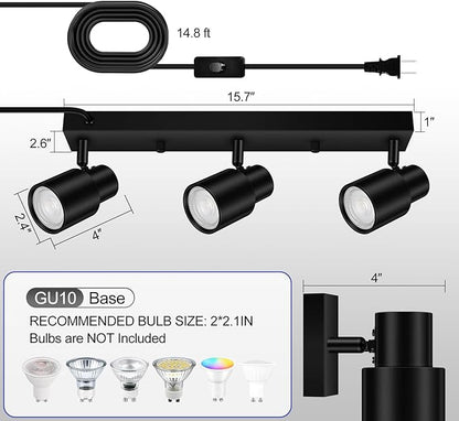 Plug-in Track Lighting LED, Track Light Fixtures Ceiling, Black Plug in Wall Lights with 14.8ft Cord, 3 Way Ceiling Spotlight for Kitchen, Rotatable Light Head for Bedroom Hallway(GU10 Socket,NO Bulb)