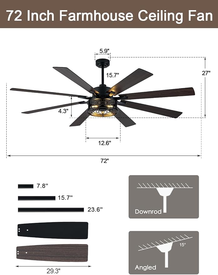 72 Inch Ceiling Fan with Lights and Remote Large Farmhouse Ceiling Fan Black Caged Fandelier Industrial Rustic Chandelier Light, Reversible Quiet DC Motor 6 Speed for Indoor Outdoor