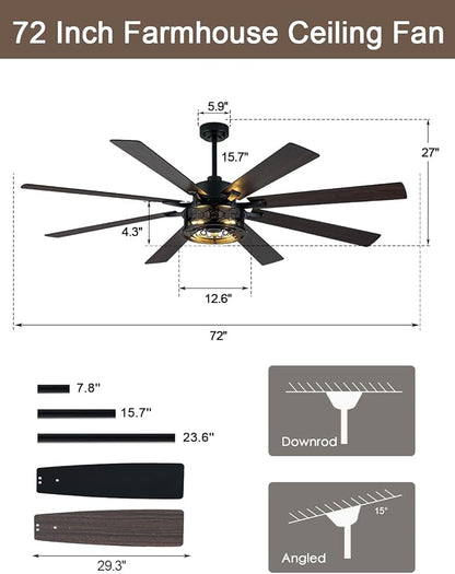 72 Inch Ceiling Fan with Lights and Remote Large Farmhouse Ceiling Fan Black Caged Fandelier Industrial Rustic Chandelier Light, Reversible Quiet DC Motor 6 Speed for Indoor Outdoor
