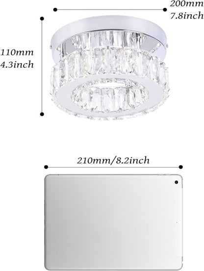 7.8" Crystal Chandelier Modern LED Mini Flush Mount Ceiling Light Fixtures Dimmable with Remote K9 Crystal Round Small Chandeliers for Hallway Bedroom Kitchen