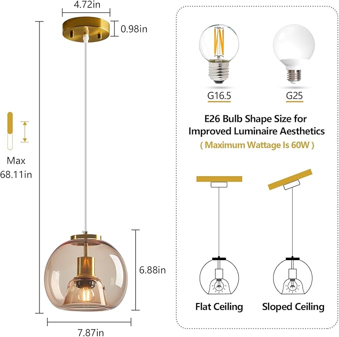 Light Coffee Glass Pendant Lights Kitchen Island Gold Hanging Light Fixture Glass Globe Pendant Light Modern Pendant Lighting for Kitchen Island Bedroom Dining Room (7.87", 1 Pack)