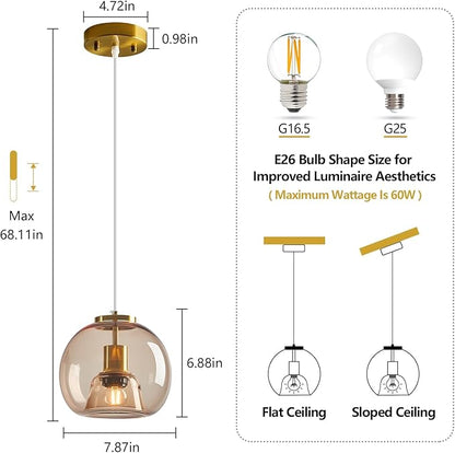 Light Coffee Glass Pendant Lights Kitchen Island Gold Hanging Light Fixture Glass Globe Pendant Light Modern Pendant Lighting for Kitchen Island Bedroom Dining Room (7.87", 2 Pack)