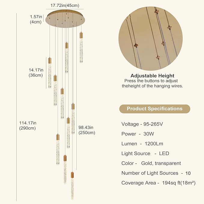 GEADI Modern LED High Ceiling Chandelier with Remote Control,10 Lights Crystal Foyer Chandeliers for High Ceilings,Gold Dimmable Long Pendant Light for Staircase Entryway Living Room