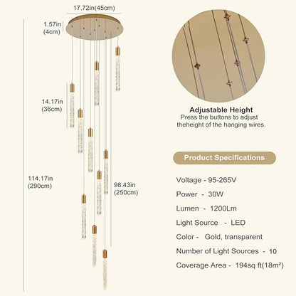 GEADI Modern LED High Ceiling Chandelier with Remote Control,10 Lights Crystal Foyer Chandeliers for High Ceilings,Gold Dimmable Long Pendant Light for Staircase Entryway Living Room